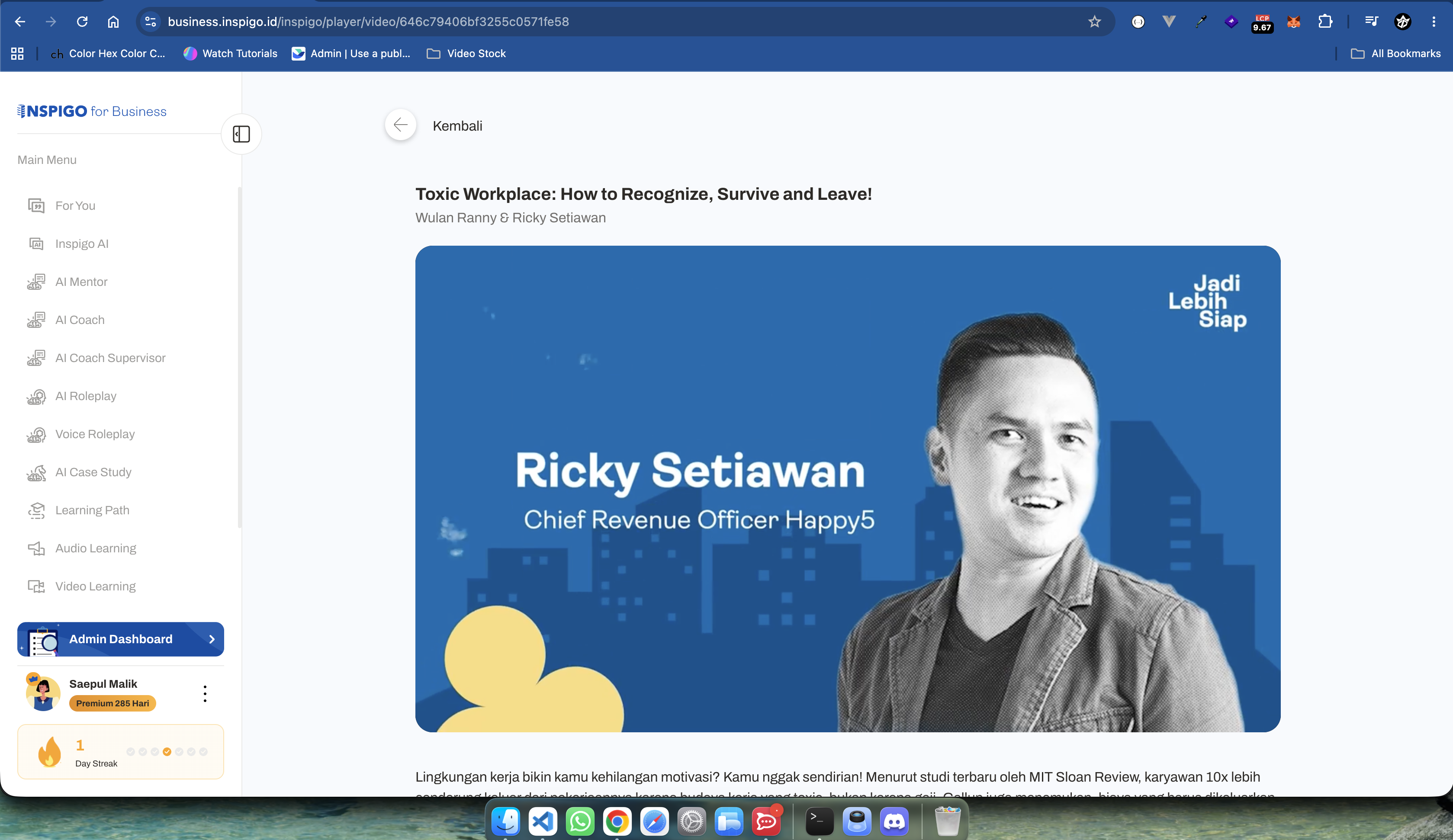 Video player on Inspigo For Business